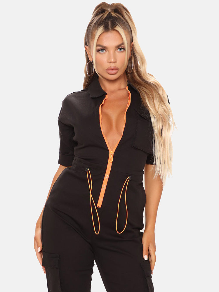 Drawstring Zipper Front Jumpsuit