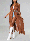 Knitted Tassels Ripped Long Cardigan