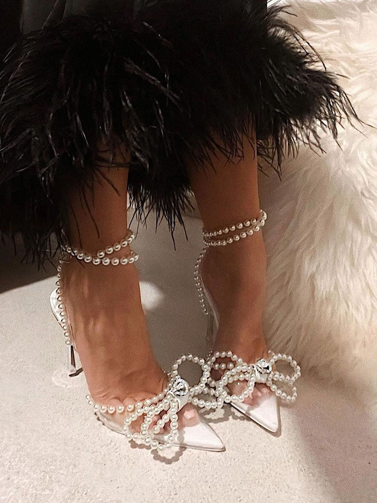 Pearl Bow Pointed Toe Transparent Heels