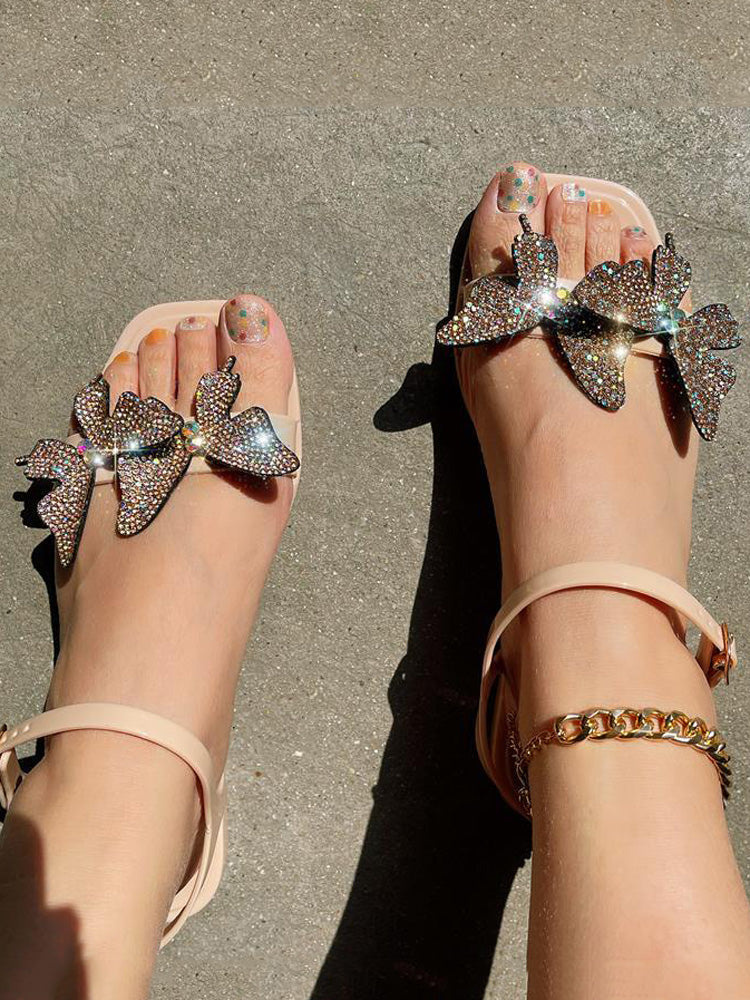 Sandalias planas con doble mariposa y diamantes de imitación