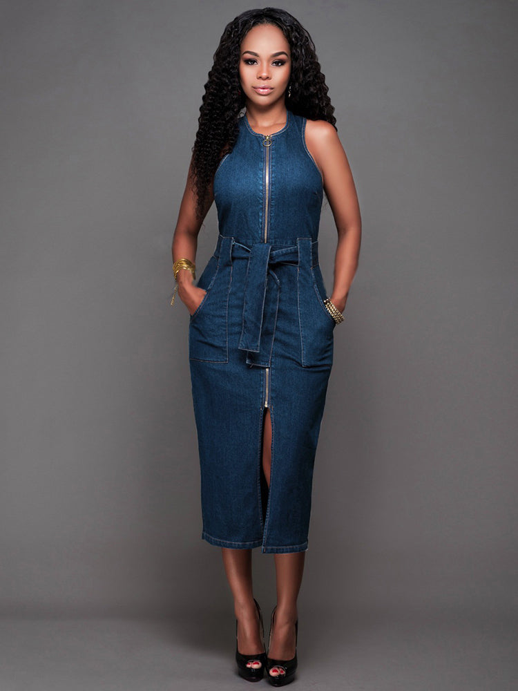 Frontal Slit Zipper Denim Midi Dress