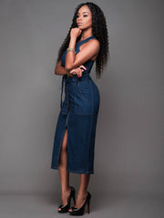 Frontal Slit Zipper Denim Midi Dress