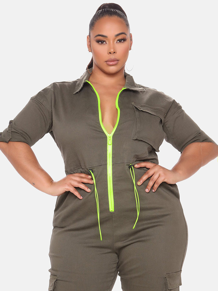 Drawstring Zipper Front Jumpsuit