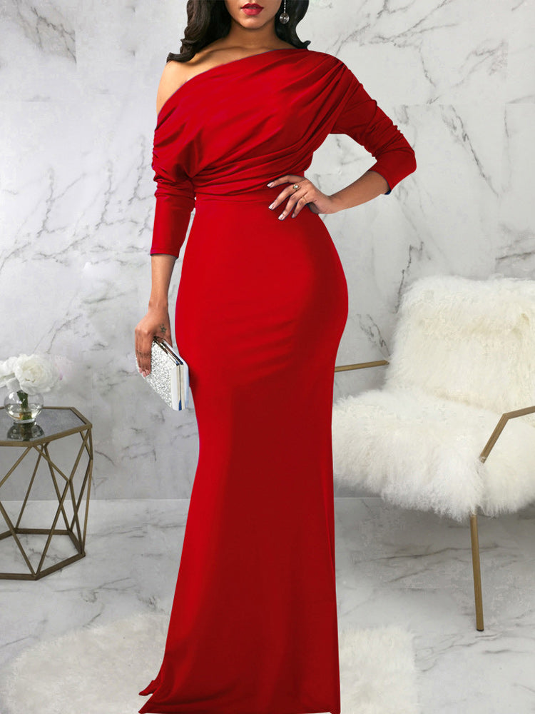 One Shoulder Long Sleeve Ruched Maxi Dress
