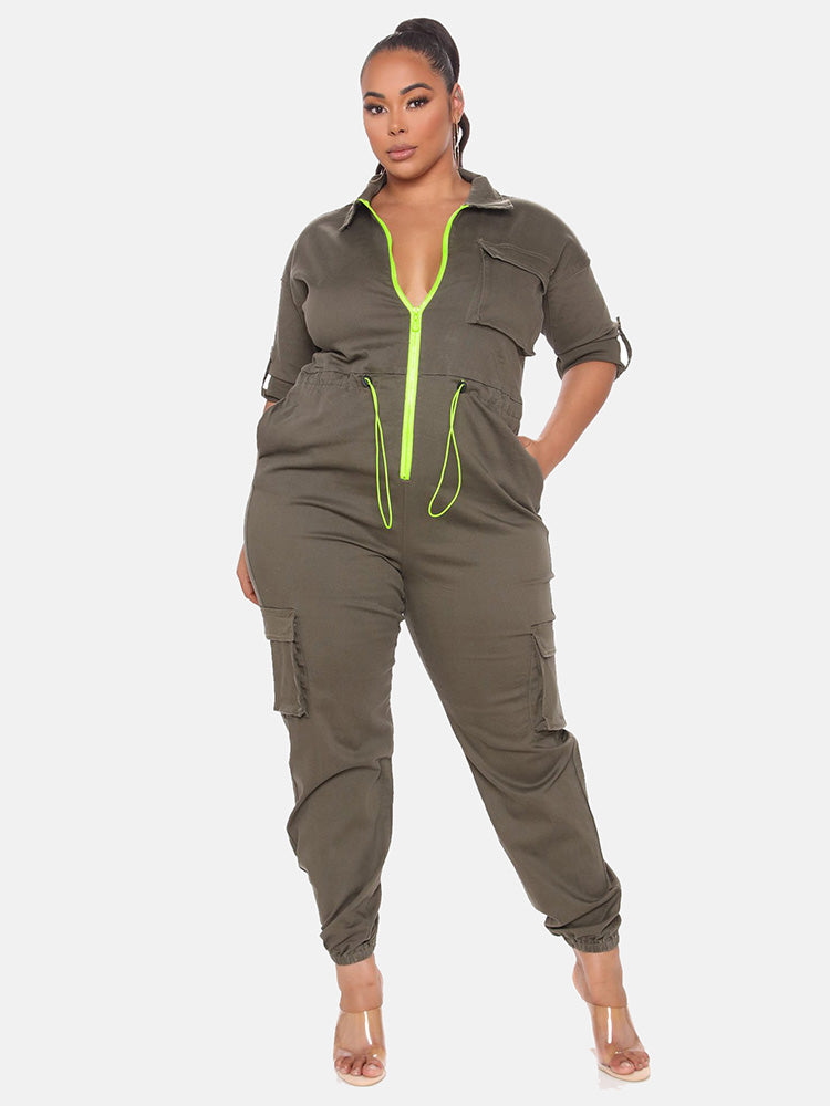 Drawstring Zipper Front Jumpsuit