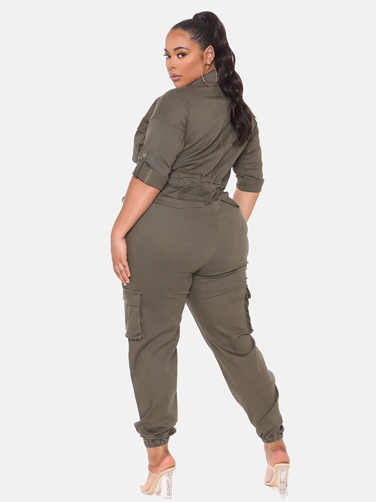 Drawstring Zipper Front Jumpsuit