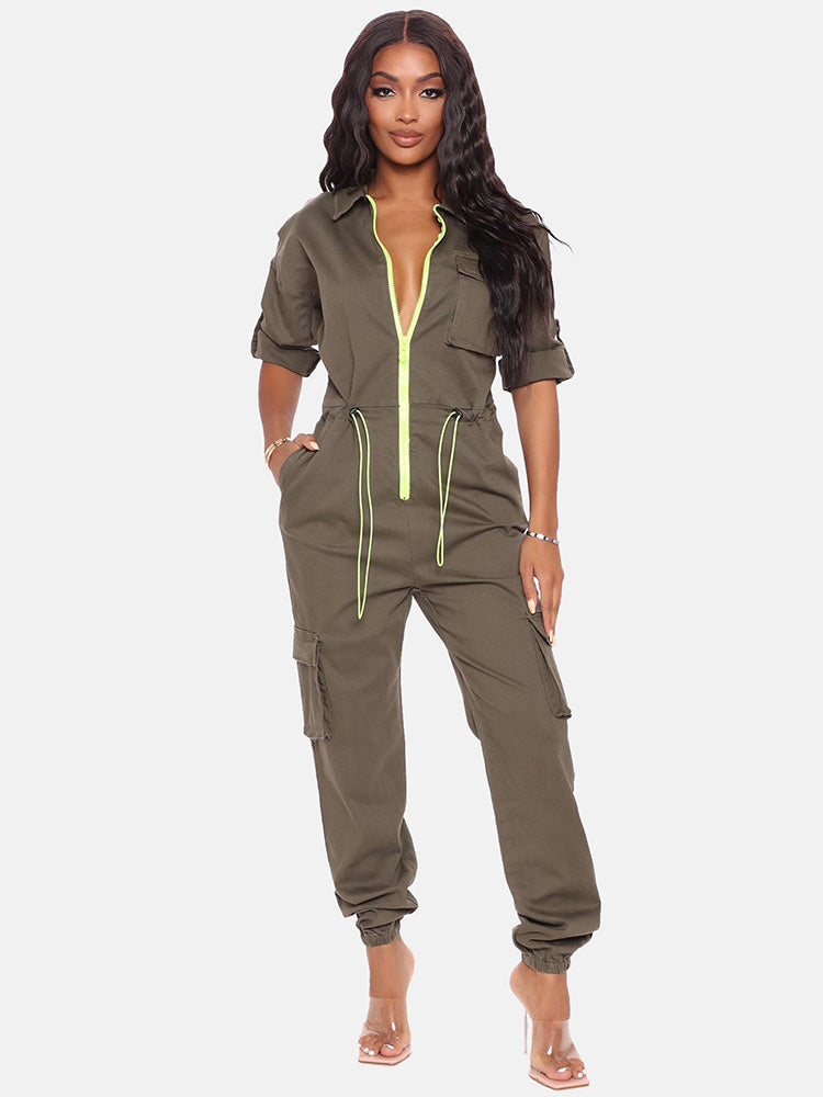 Drawstring Zipper Front Jumpsuit