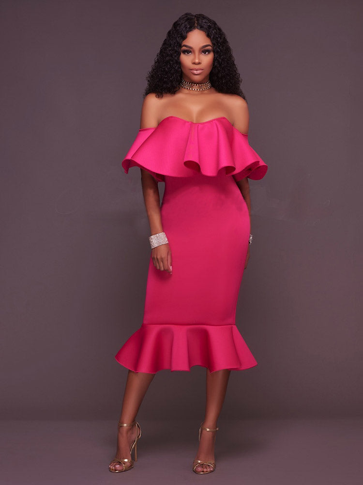 Off  Shoulder Ruffle Bodycon Midi Dress