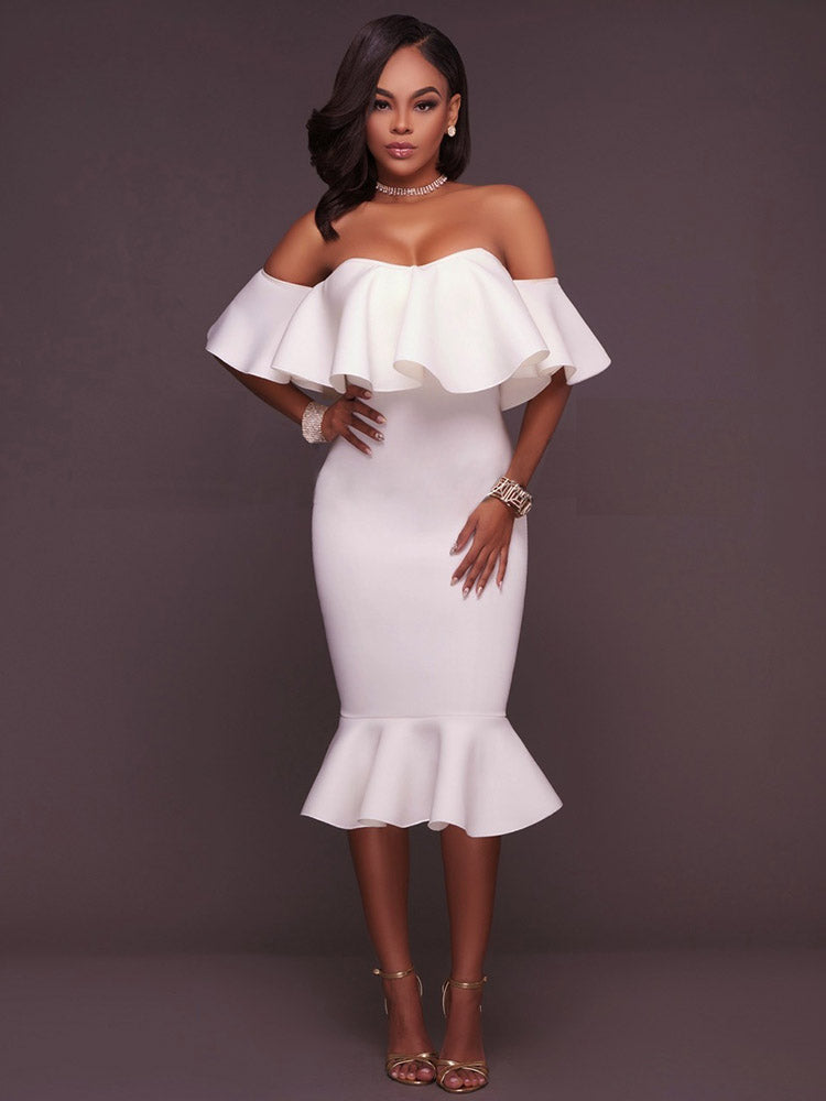 Off Shoulder Ruffle Bodycon Midi Dress RoopKa Off Shoulder Ruffle Bodycon Midi Dress RoopKa