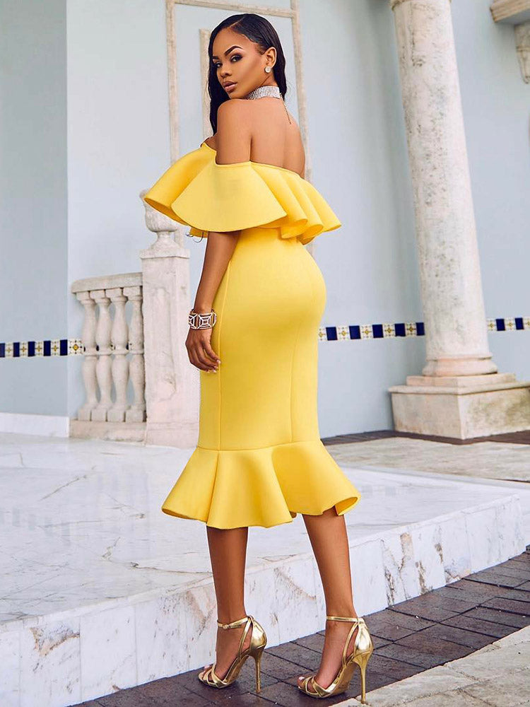 Off  Shoulder Ruffle Bodycon Midi Dress