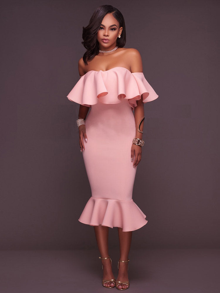 Off  Shoulder Ruffle Bodycon Midi Dress