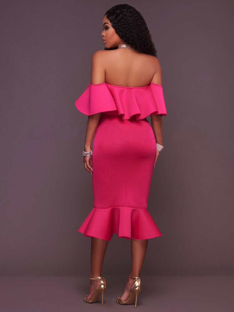 Off  Shoulder Ruffle Bodycon Midi Dress