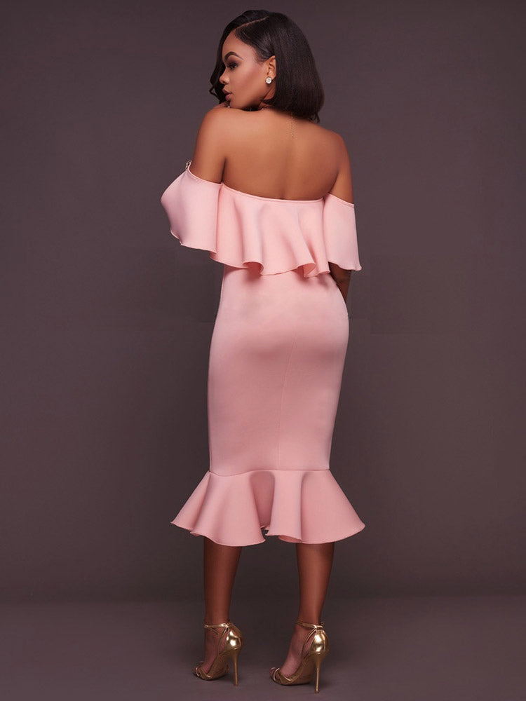 Off  Shoulder Ruffle Bodycon Midi Dress