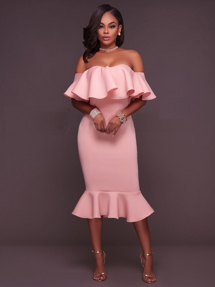 Off  Shoulder Ruffle Bodycon Midi Dress