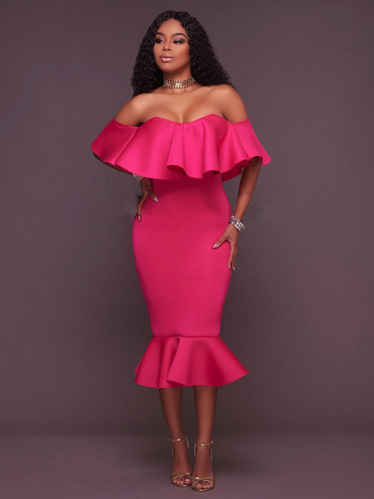 Off  Shoulder Ruffle Bodycon Midi Dress