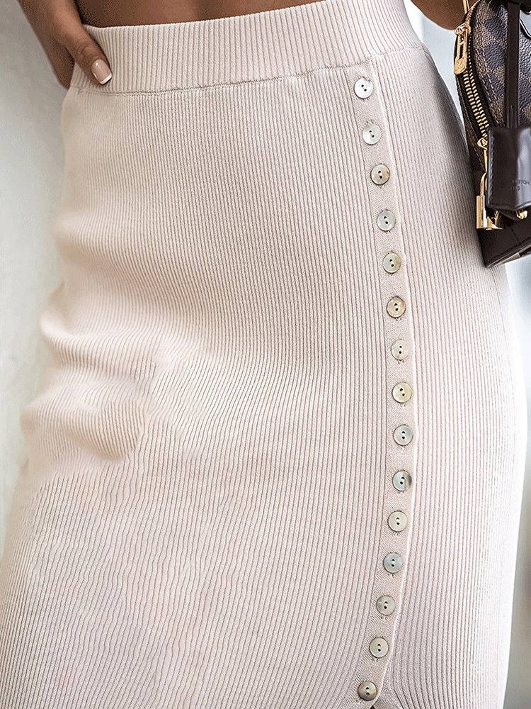 Knitted Side Split Button Decor Skirt