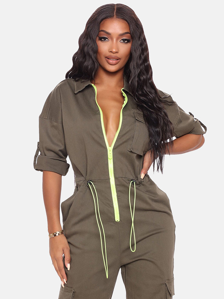 Drawstring Zipper Front Jumpsuit