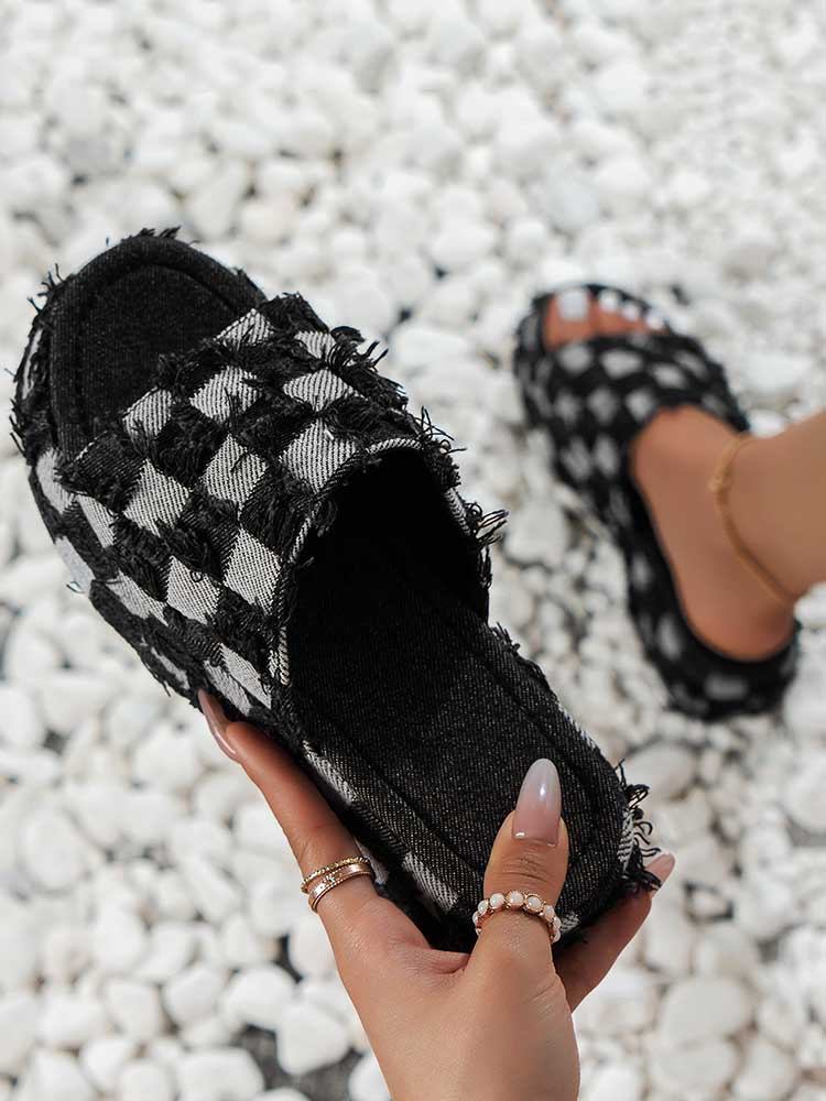 Checkerboard Raw Trim Denim Sandal