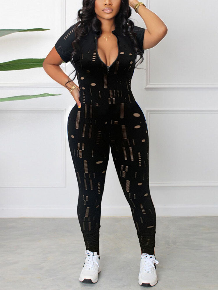 Distressed Zip Front Jumpsuit