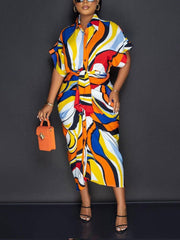 Printed Ruched Belt Midi Dress