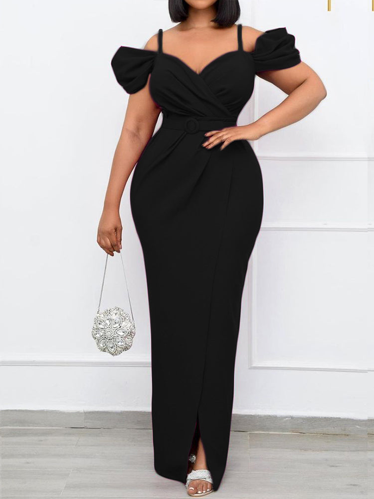 Off Shoulder V-neck Slit Dress