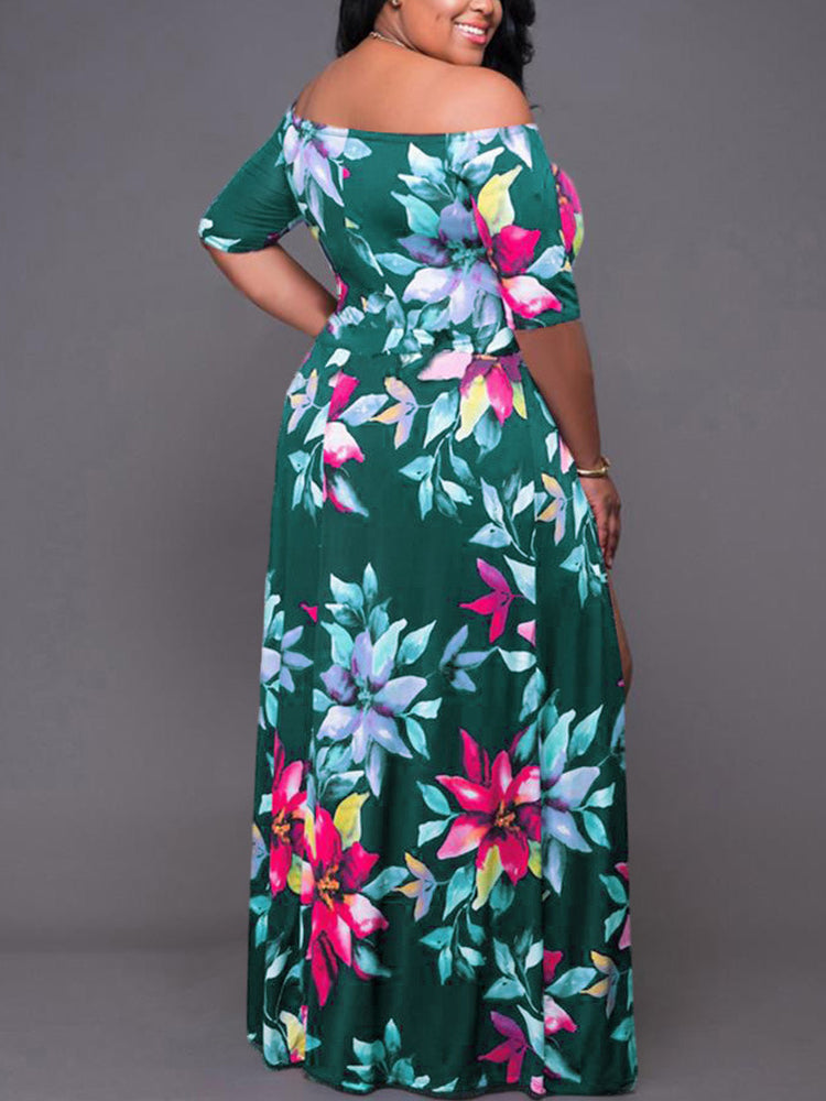 Floral Print Cold Shoulder Slit Dress