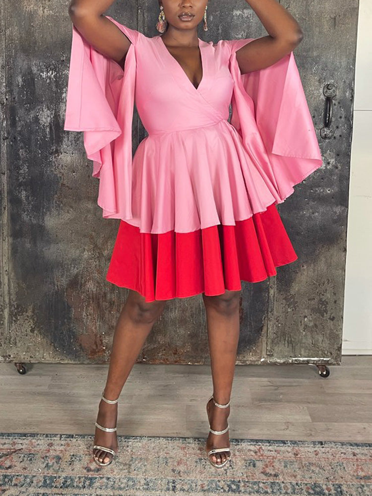 Colorblock Bell Sleeve Tiered Midi Dress