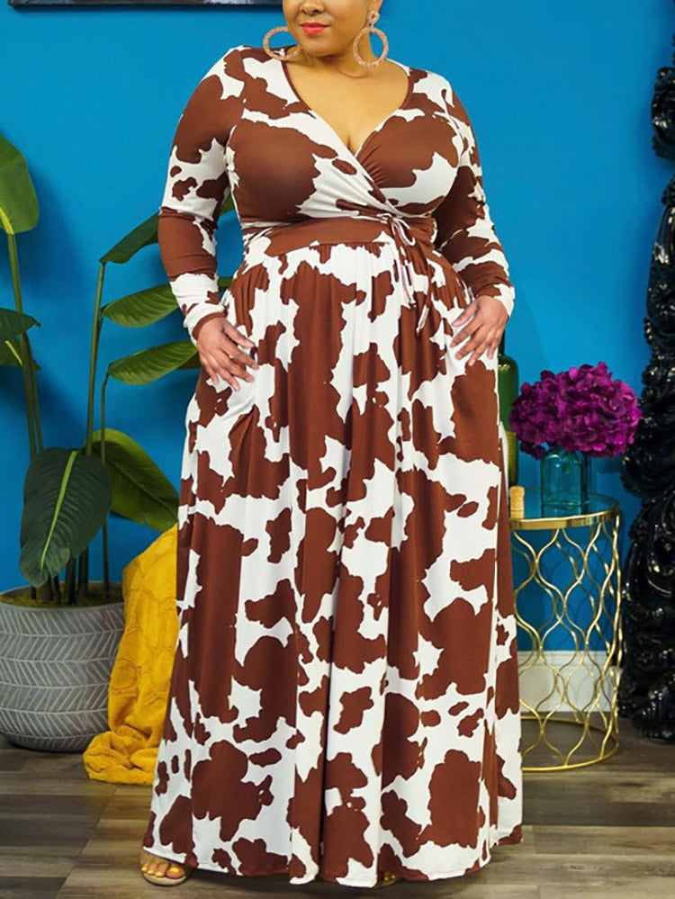 Cow Print V Neck Wrap Dress