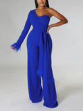 One Shoulder Feather Solid Jumpsuit
