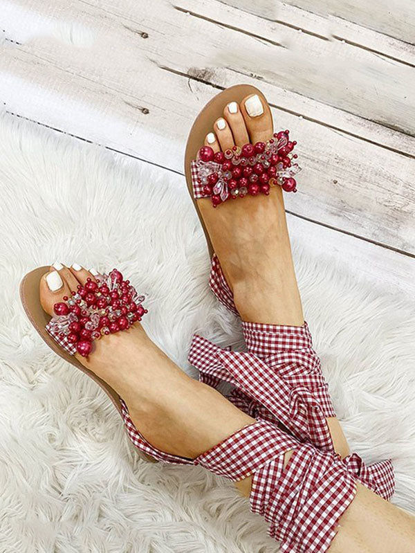 Ankle Strap Beaded Flat Heel Sandals