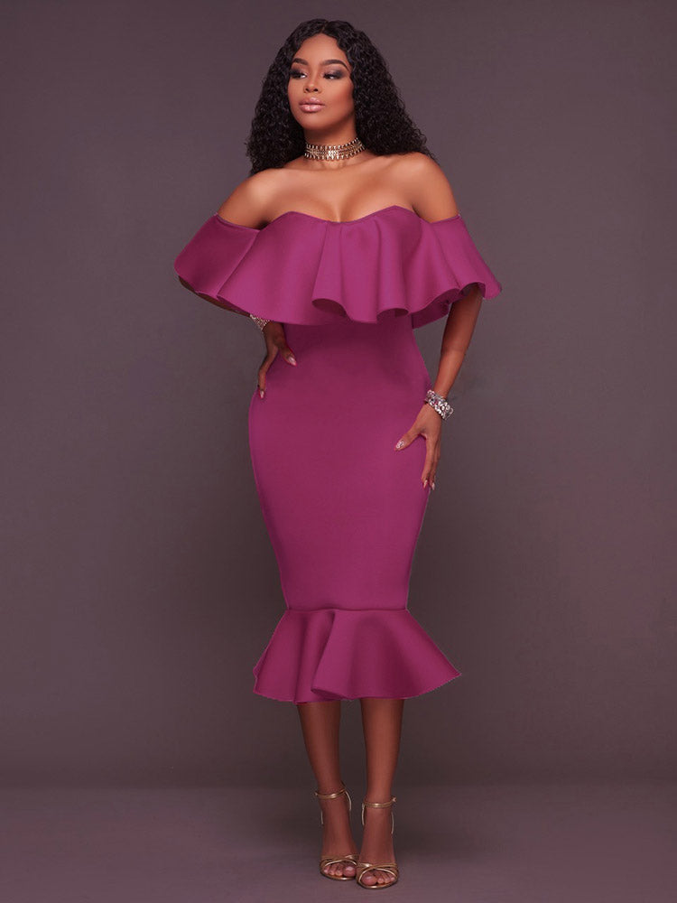 Off  Shoulder Ruffle Bodycon Midi Dress