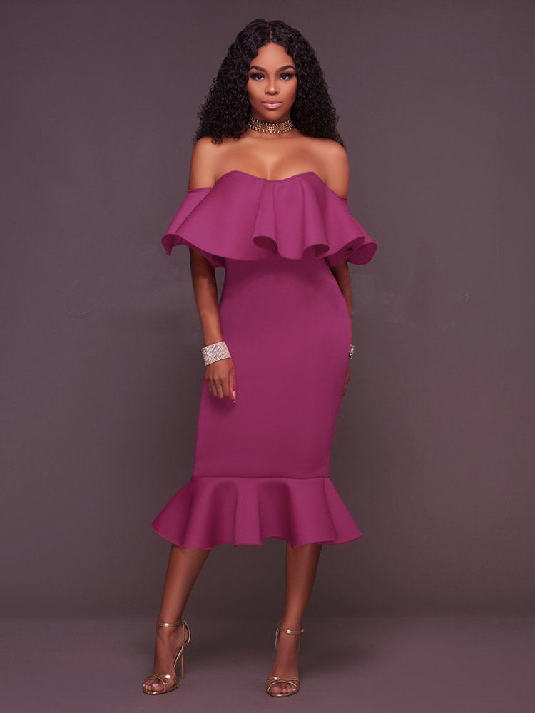 Off  Shoulder Ruffle Bodycon Midi Dress