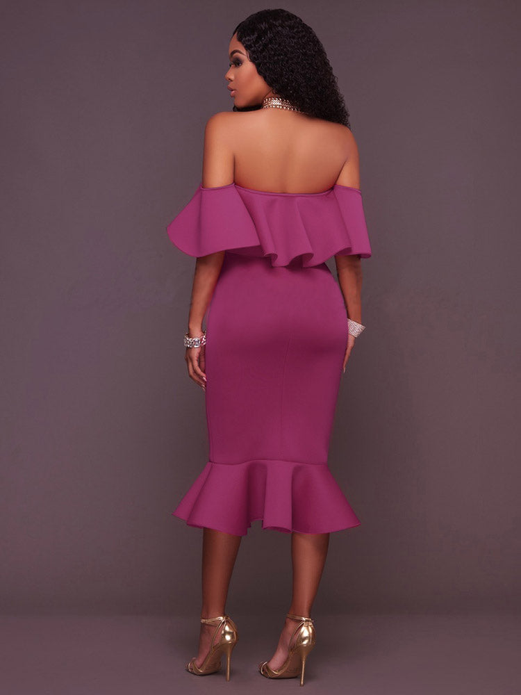 Off  Shoulder Ruffle Bodycon Midi Dress