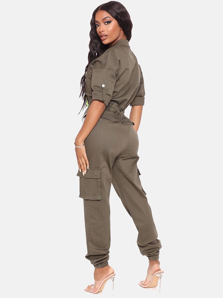 Drawstring Zipper Front Jumpsuit