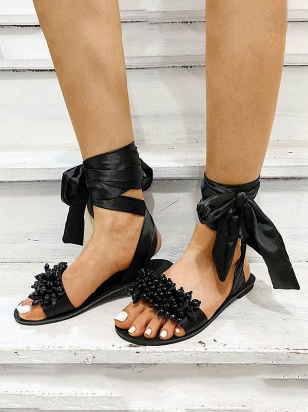 Ankle Strap Beaded Flat Heel Sandals