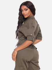 Drawstring Zipper Front Jumpsuit