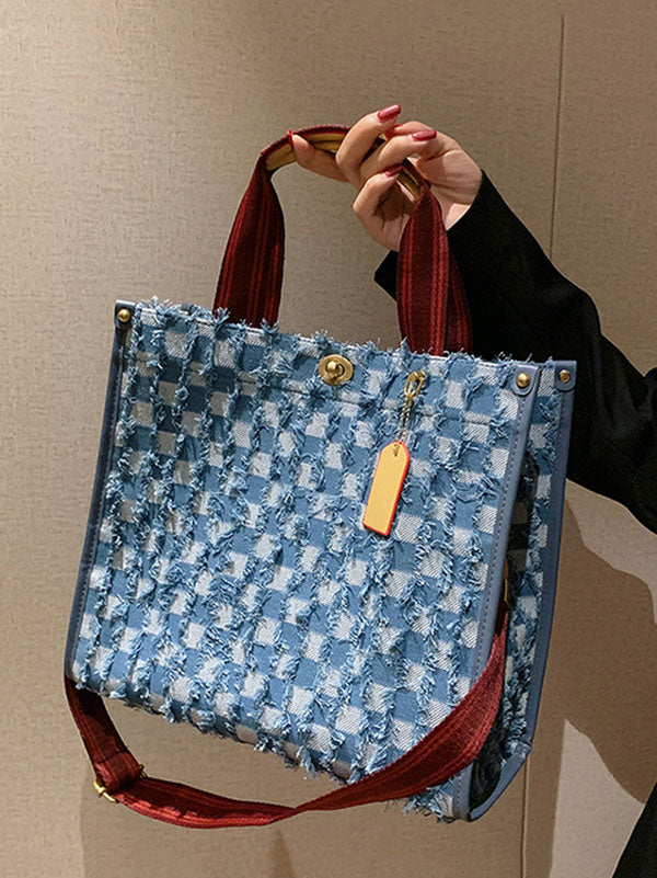 Bolso de mano de tela vaquera con estampado de cuadros