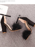Fur Ankle Strap Sandal Heels