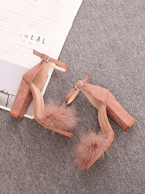 Fur Ankle Strap Sandal Heels