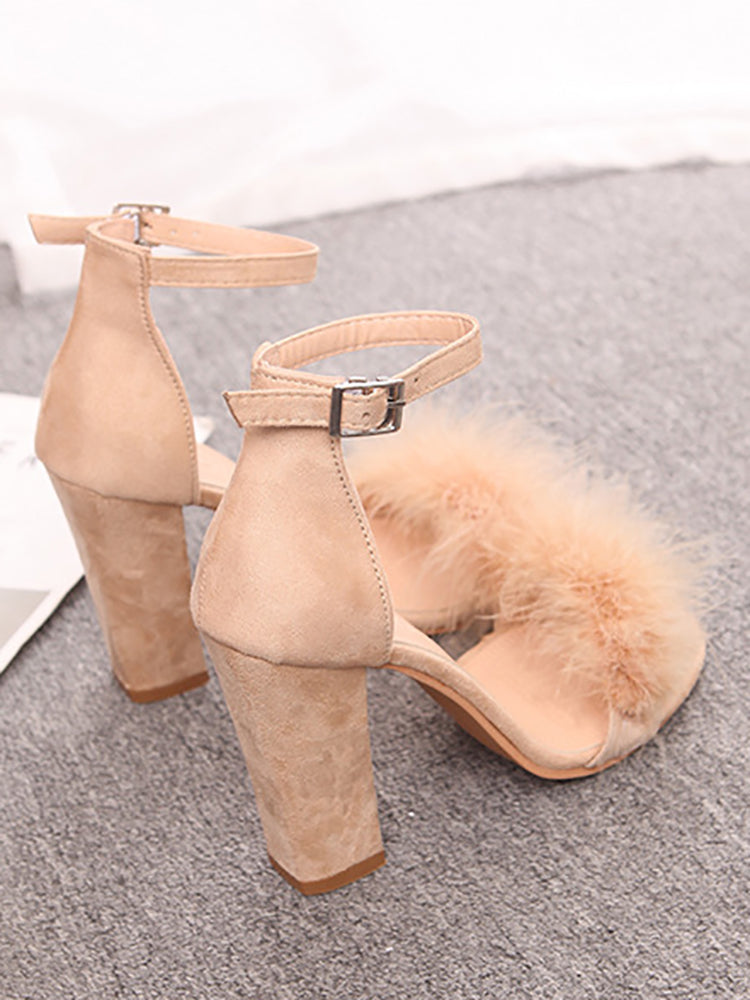 Fur Ankle Strap Sandal Heels