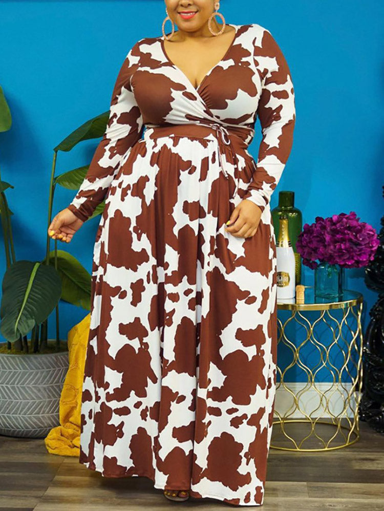 Cow Print V Neck Wrap Dress