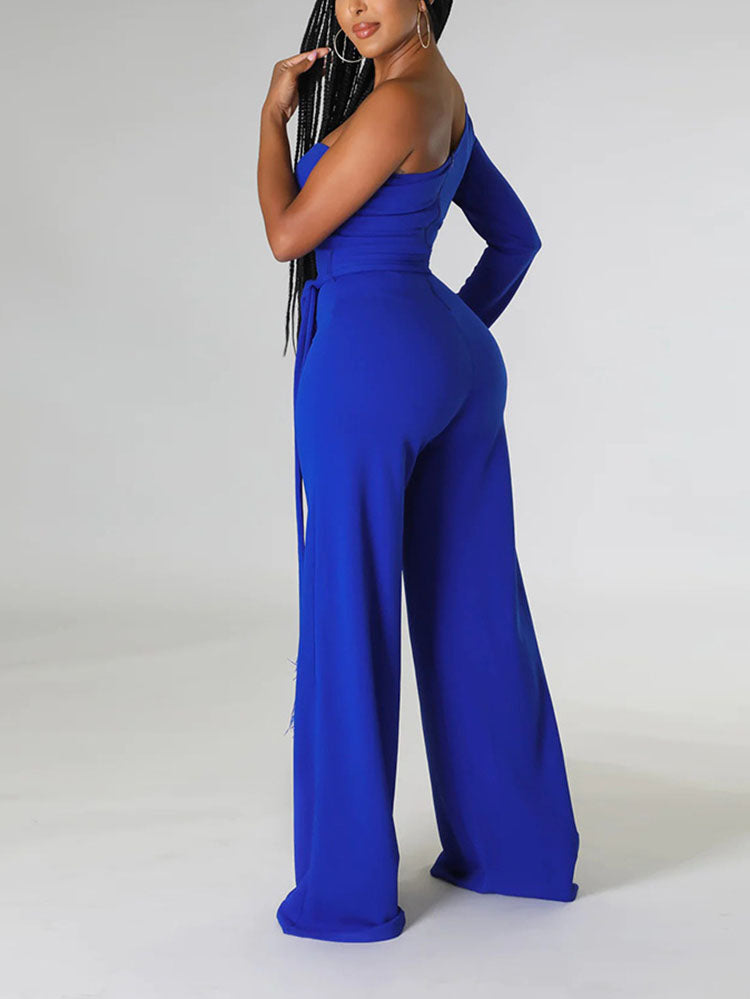 One shoulder Feather Decor Jumpsuit