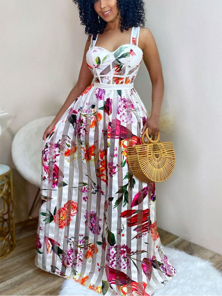 Strap Floral Printed Sheer Maxi Dresses