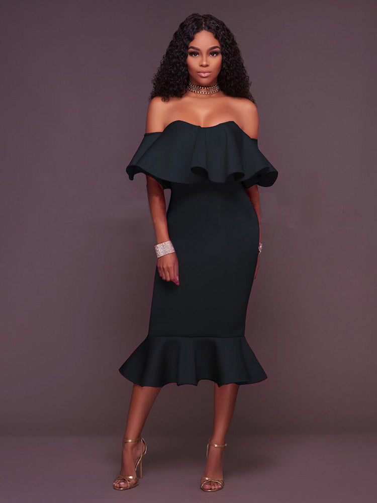 Off  Shoulder Ruffle Bodycon Midi Dress