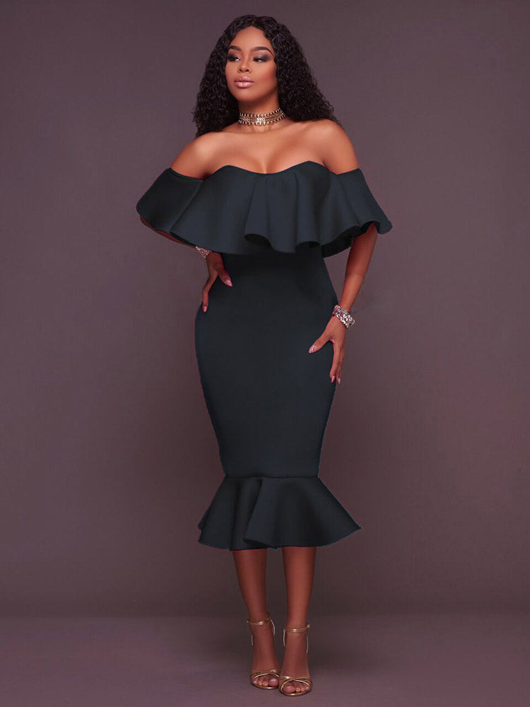 Off Shoulder Ruffle Bodycon Midi Dress RoopKa Off Shoulder Ruffle Bodycon Midi Dress RoopKa