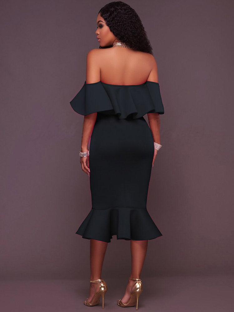 Off  Shoulder Ruffle Bodycon Midi Dress