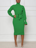 Turtleneck Knit Tie Waist Midi Dresses