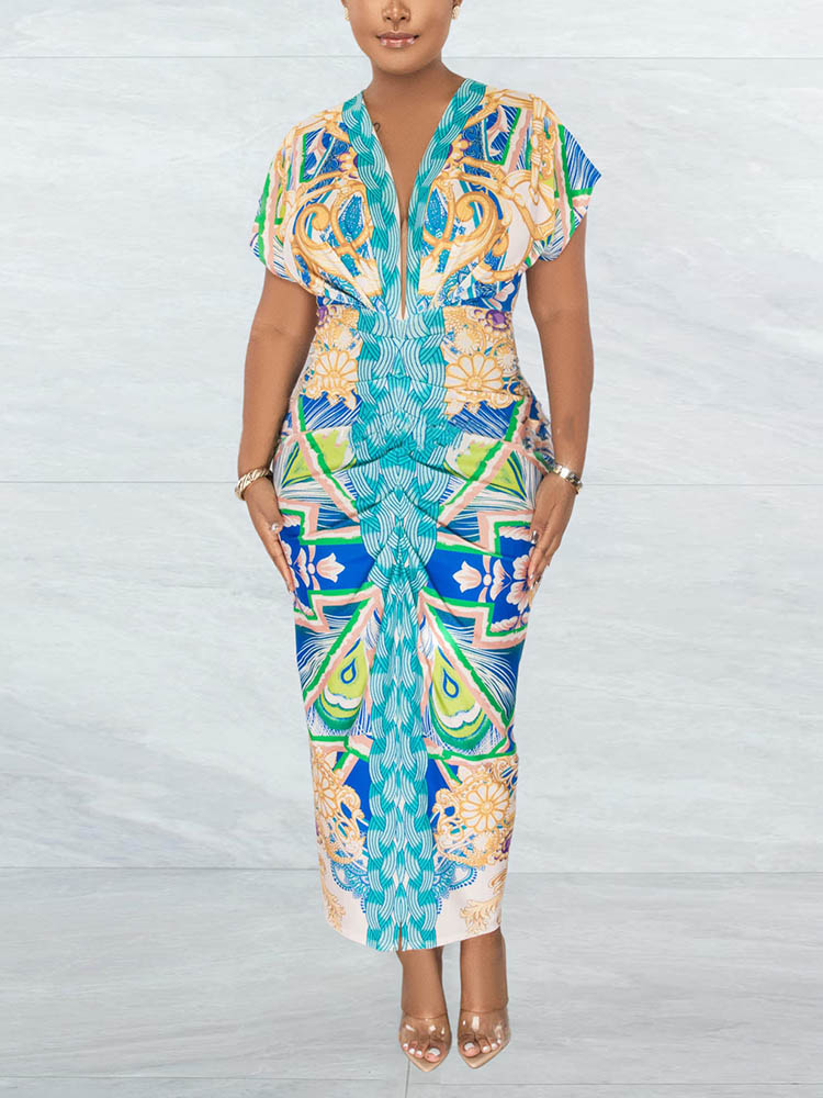 Print Ruched Slit Vacation Dress