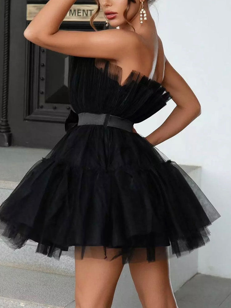 Bow Decor Layered Tulle Cocktail Dress