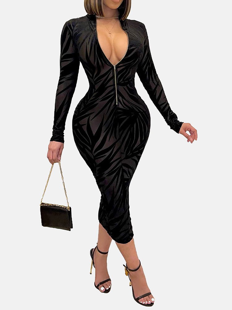 Deep V Neck Velvet Bodycon Dress